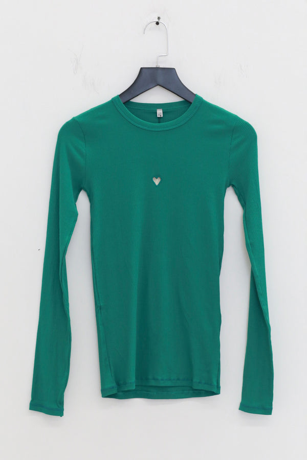 BASERANGE Spring/Summer 2025 Collection: French Organic Cotton Long-Sleeve T-Shirt with Cut-Out Heart Design (BAS-TTHLS-CR-AU25-MIRA GREEN) (TOHLS TTHLS)